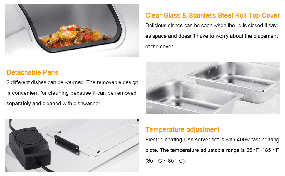بوفيه تقديم طعام ستانلس ستيل كهربائي / شيفنغ دش Electric Buffet Food Roll Top Chafing Dish Temp. Control Servers and Warmers with Cover , Pans 9.5Quart for , Buffet Commercial Food Warmer Steam Table , BULTIN